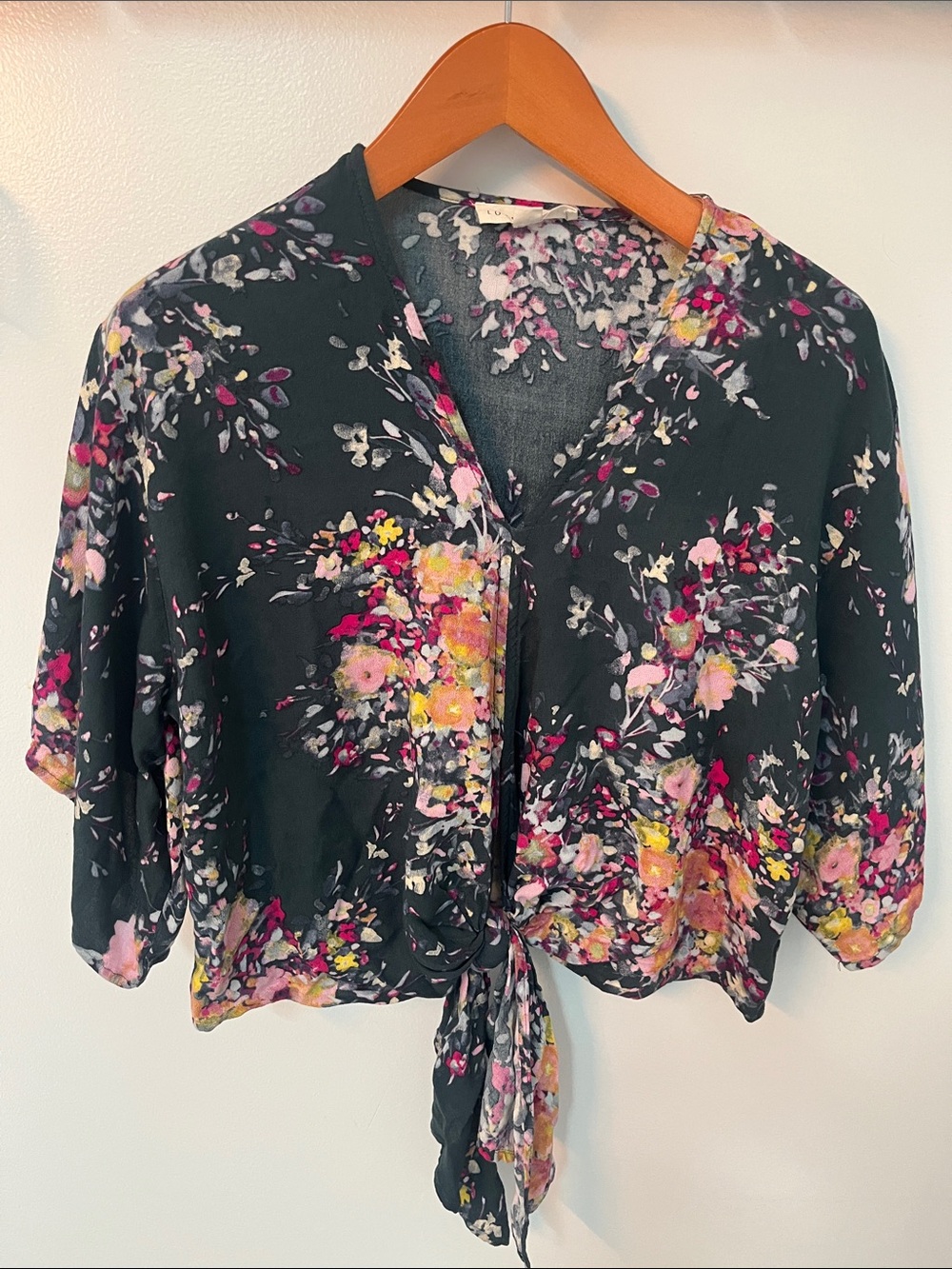 lovestitch Black Floral Tie-Front V-Neck Blouse
